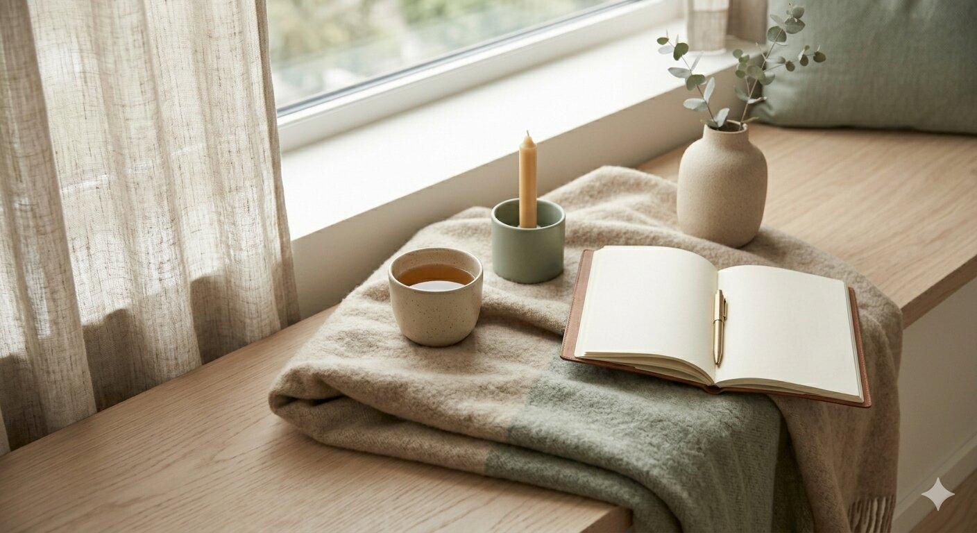 Schwangere am Fenster mit einer warmen Tasse in der Hand, ruhiger Moment für sich