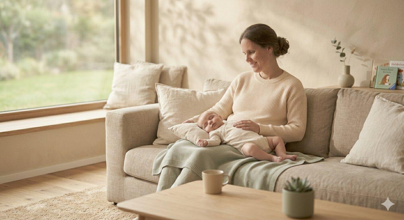 Frische Mutter mit Neugeborenem auf der Couch, Notizbuch und Kaffeebecher daneben