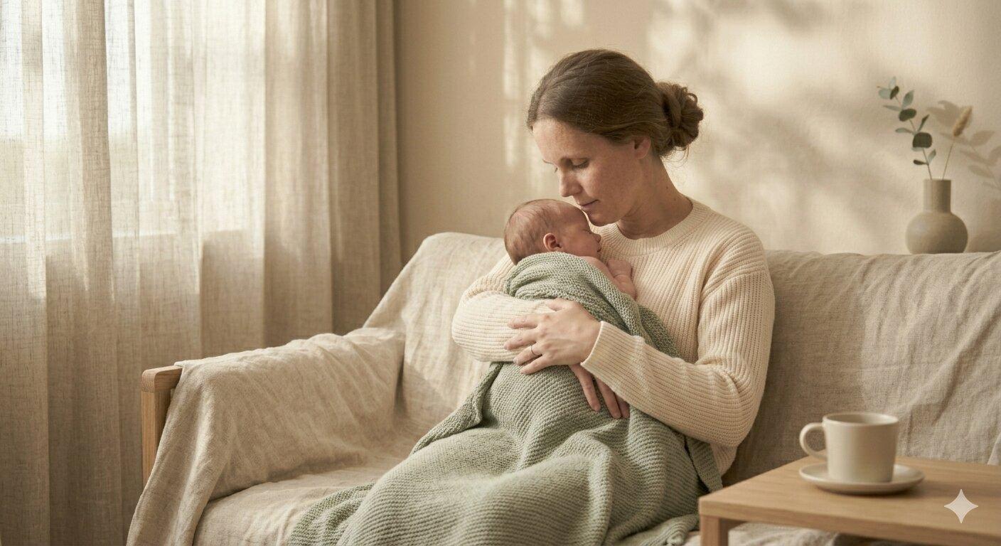 Junge Mutter mit Baby auf dem Sofa, Kalender und Laptop neben ihr