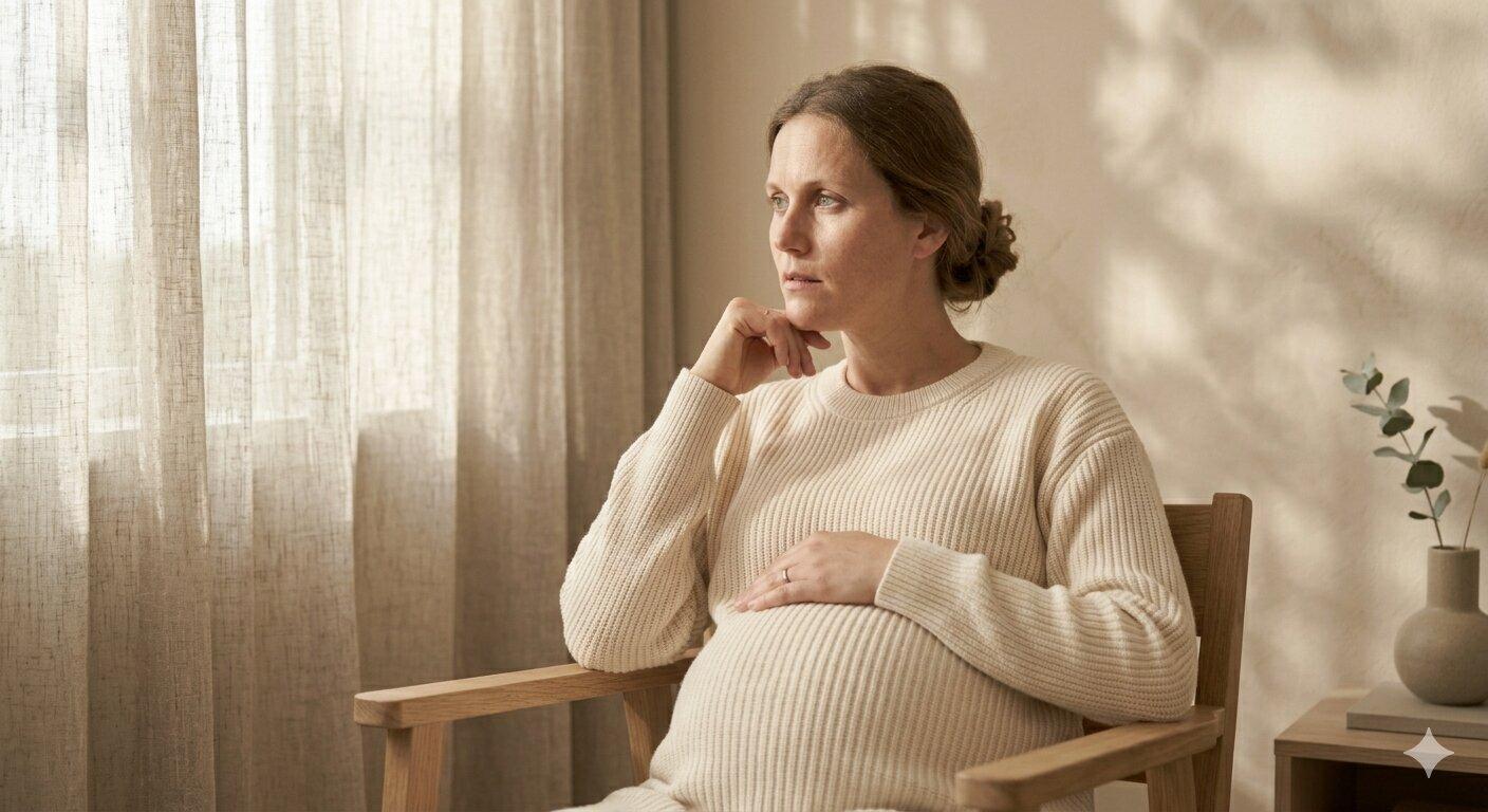 Schwangere am Schreibtisch, im Hintergrund unscharf ein Krankenhauspass und Unterlagen