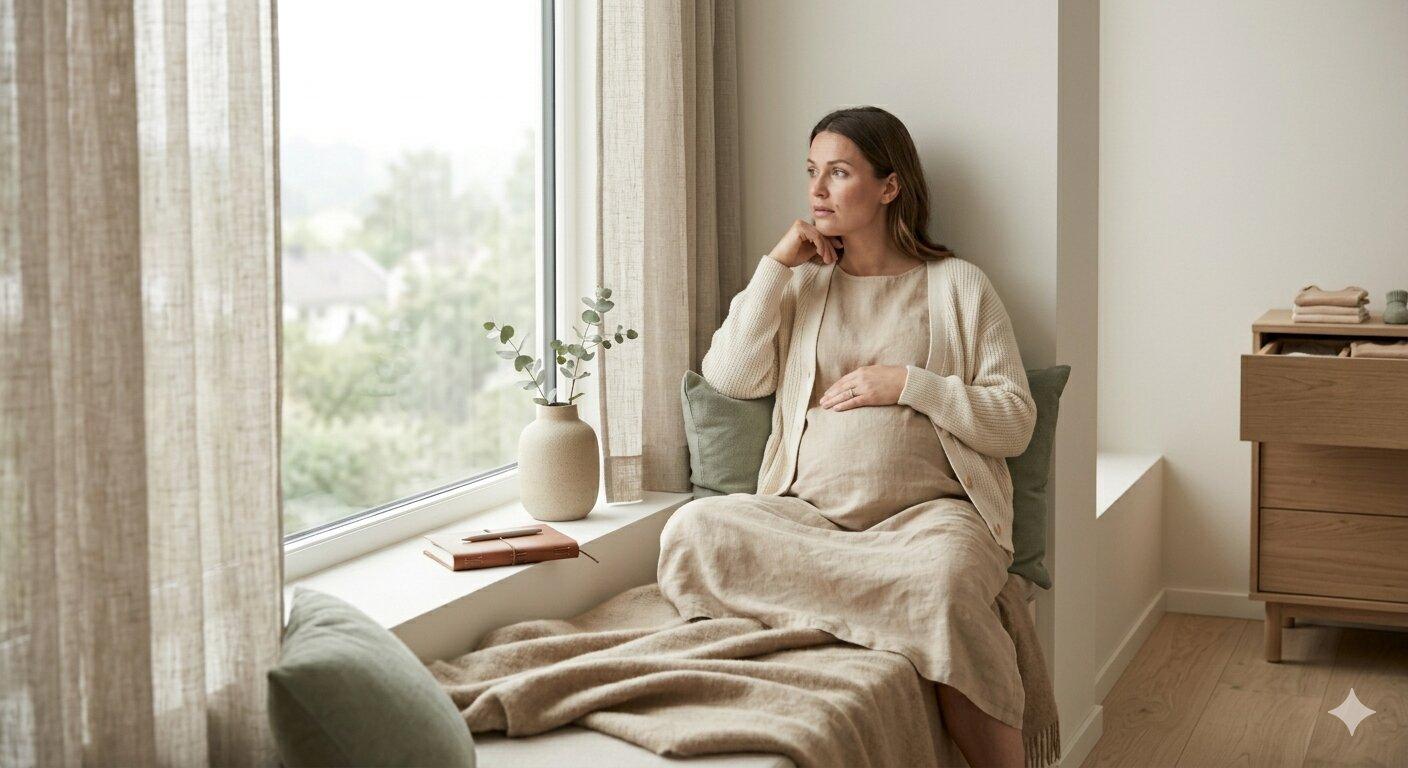 Nachdenkliche Schwangere mit Unterlagen, ruhiger Moment am Fenster
