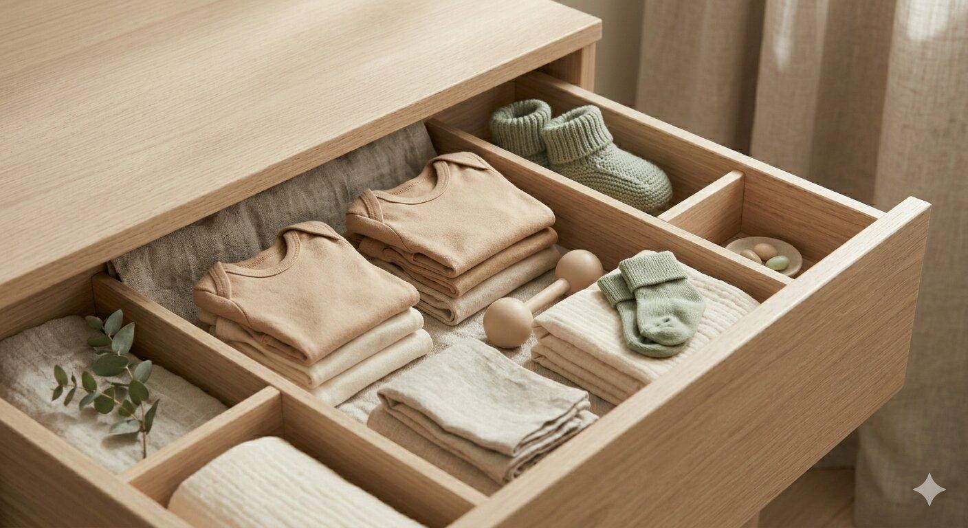 Aufgeräumter Schreibtisch mit Ordner, Notizbuch und Pflanzen in sanftem Morgenlicht