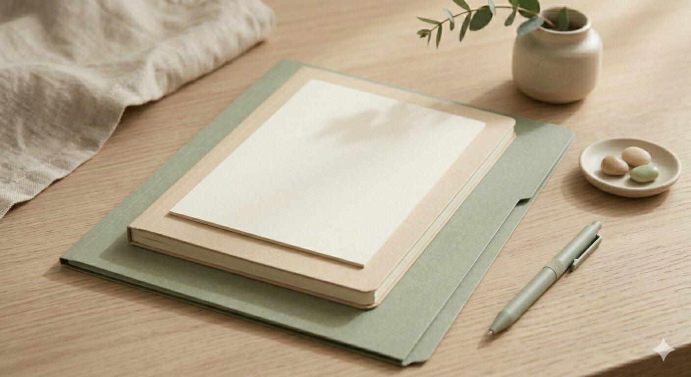 Kalender, Stift und Tasse Tee auf einem hellen Schreibtisch – ruhige Planungs-Szene