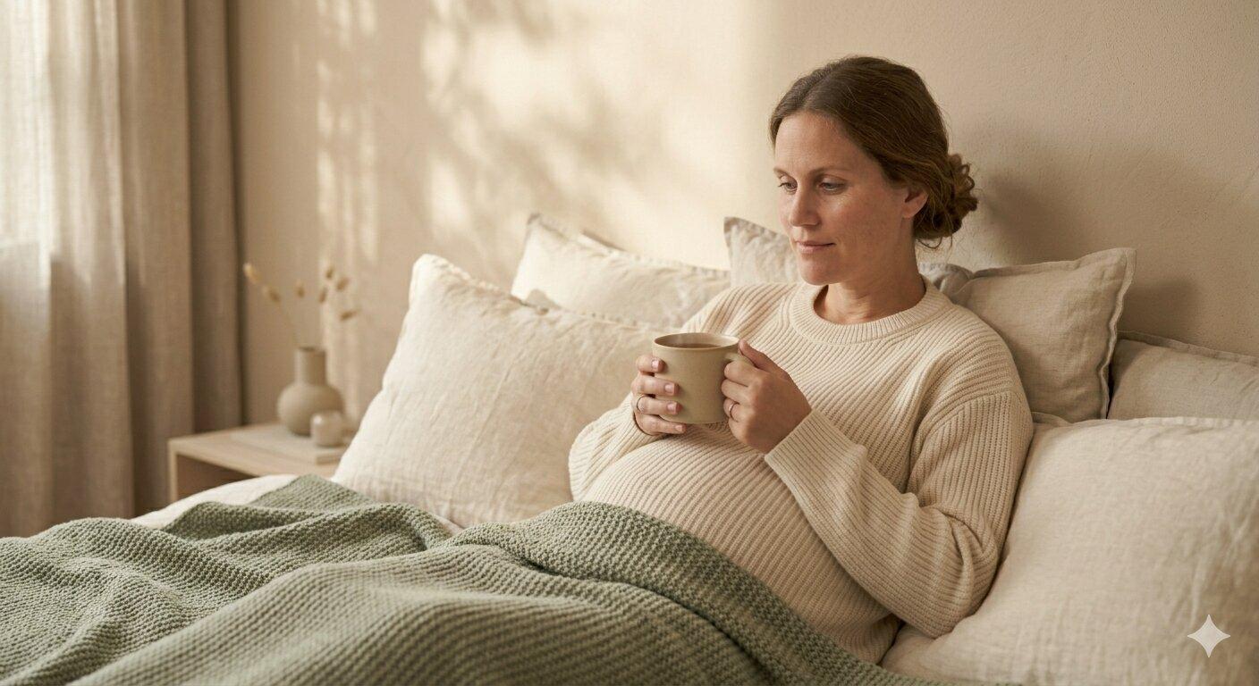 Tasse Ingwertee und ein paar Cracker auf einem Tablett im Bett – ruhiges Bild gegen Schwangerschaftsübelkeit