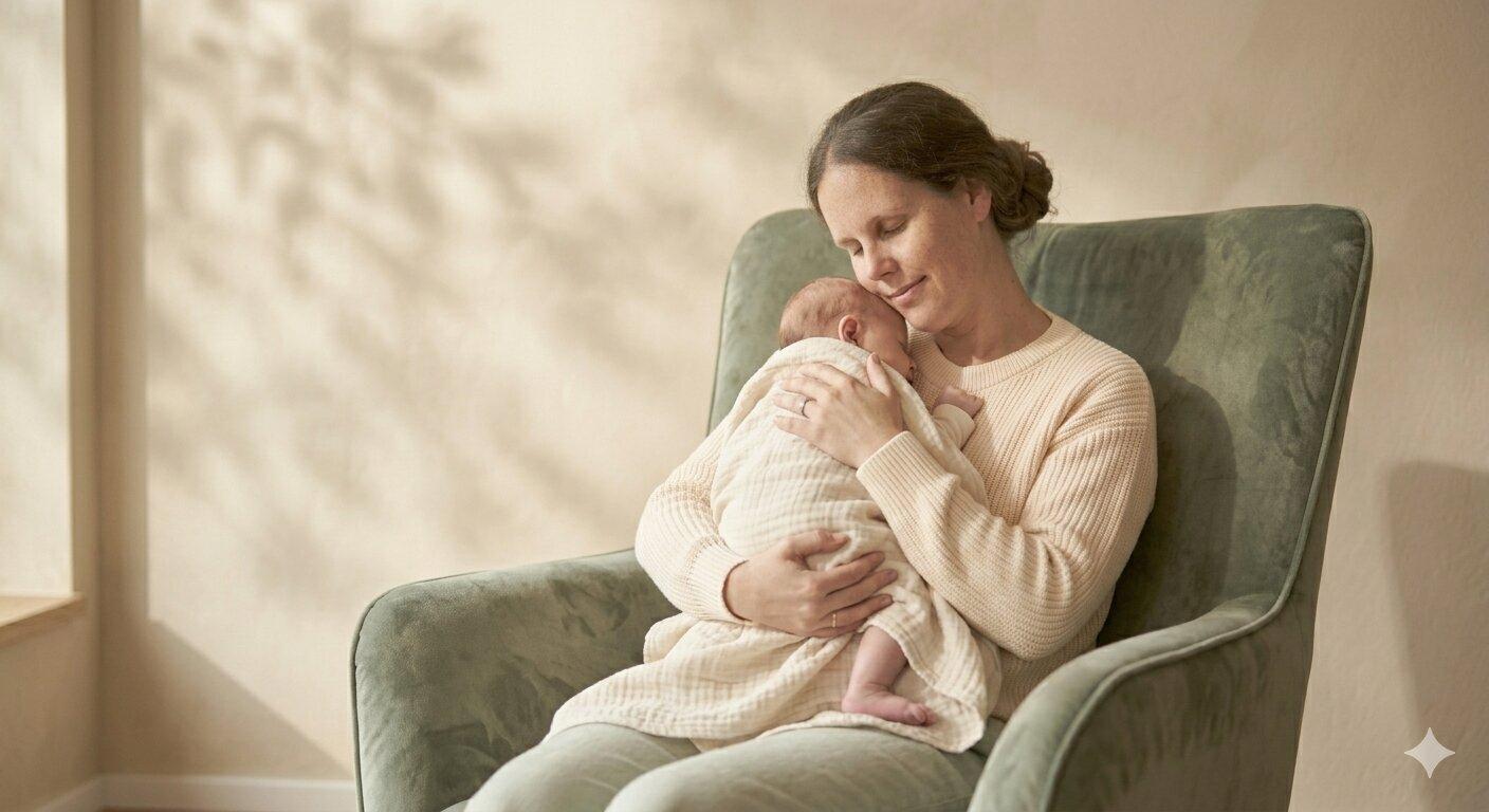 Mutter mit Baby im Arm, eine Flasche und ein Stillkissen daneben