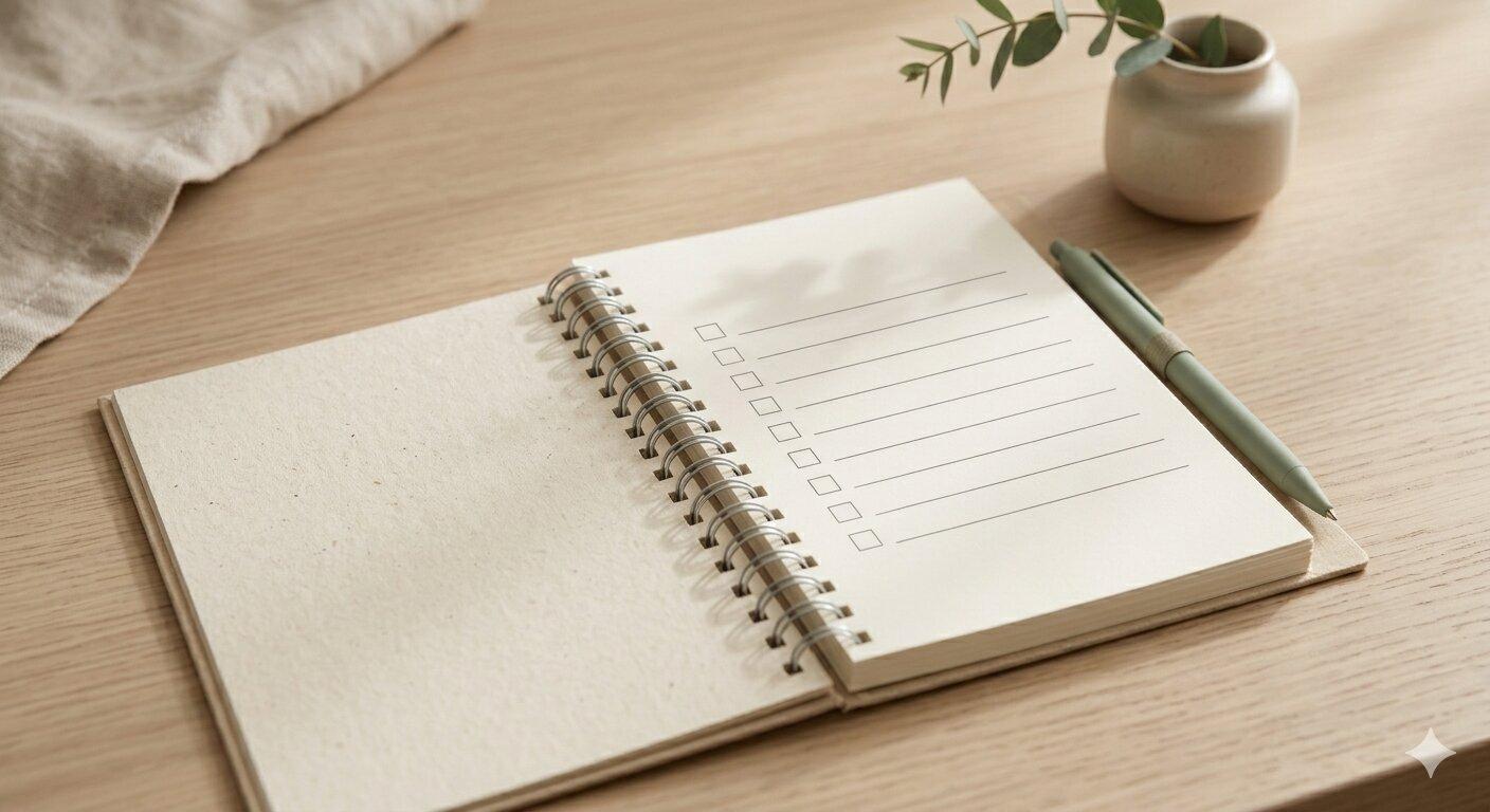 Schwangere Frau an einem Küchentisch mit Laptop, Notizbuch und Kalender